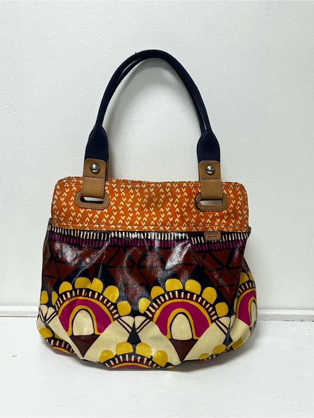 Vintage Fossil Key-Per Coated Canvas Hobo Bag Boho Tribal Geometric Y2K Tote